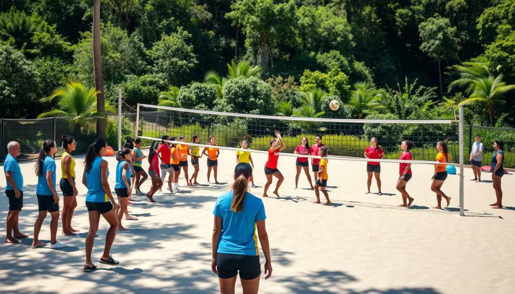 Coach leading a volleyball training camp