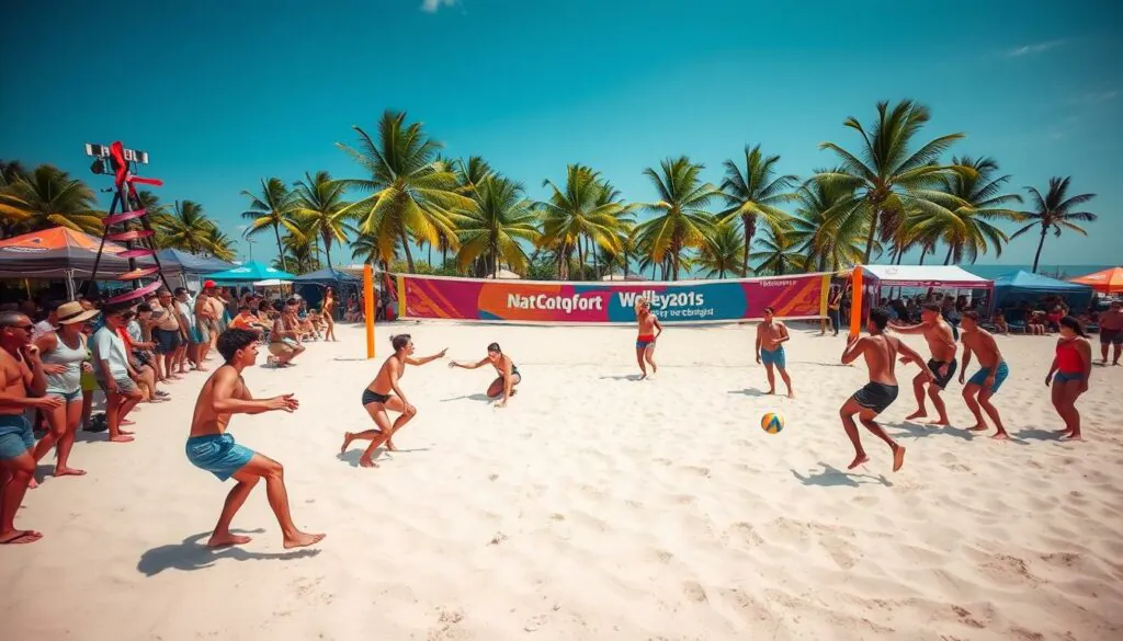Pro beach volleyball players competing