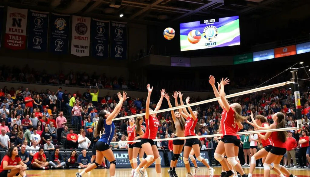 College volleyball players in action